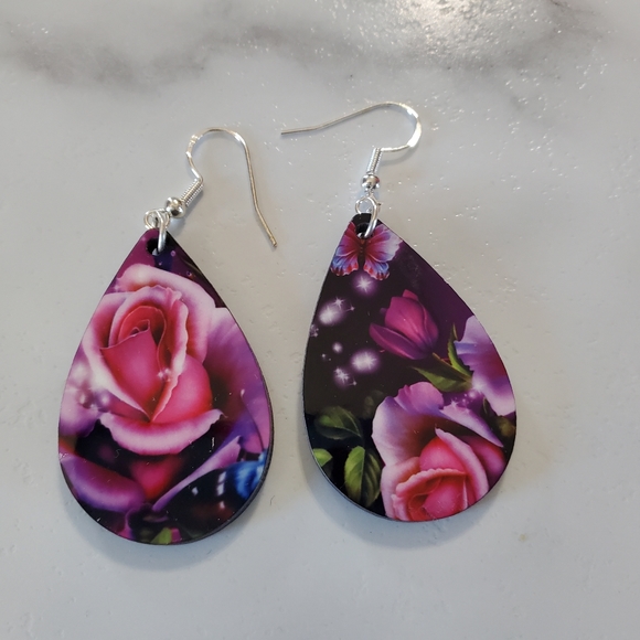 Pink Butterfly & Flowers Teardrop Earrings - Picture 5 of 12